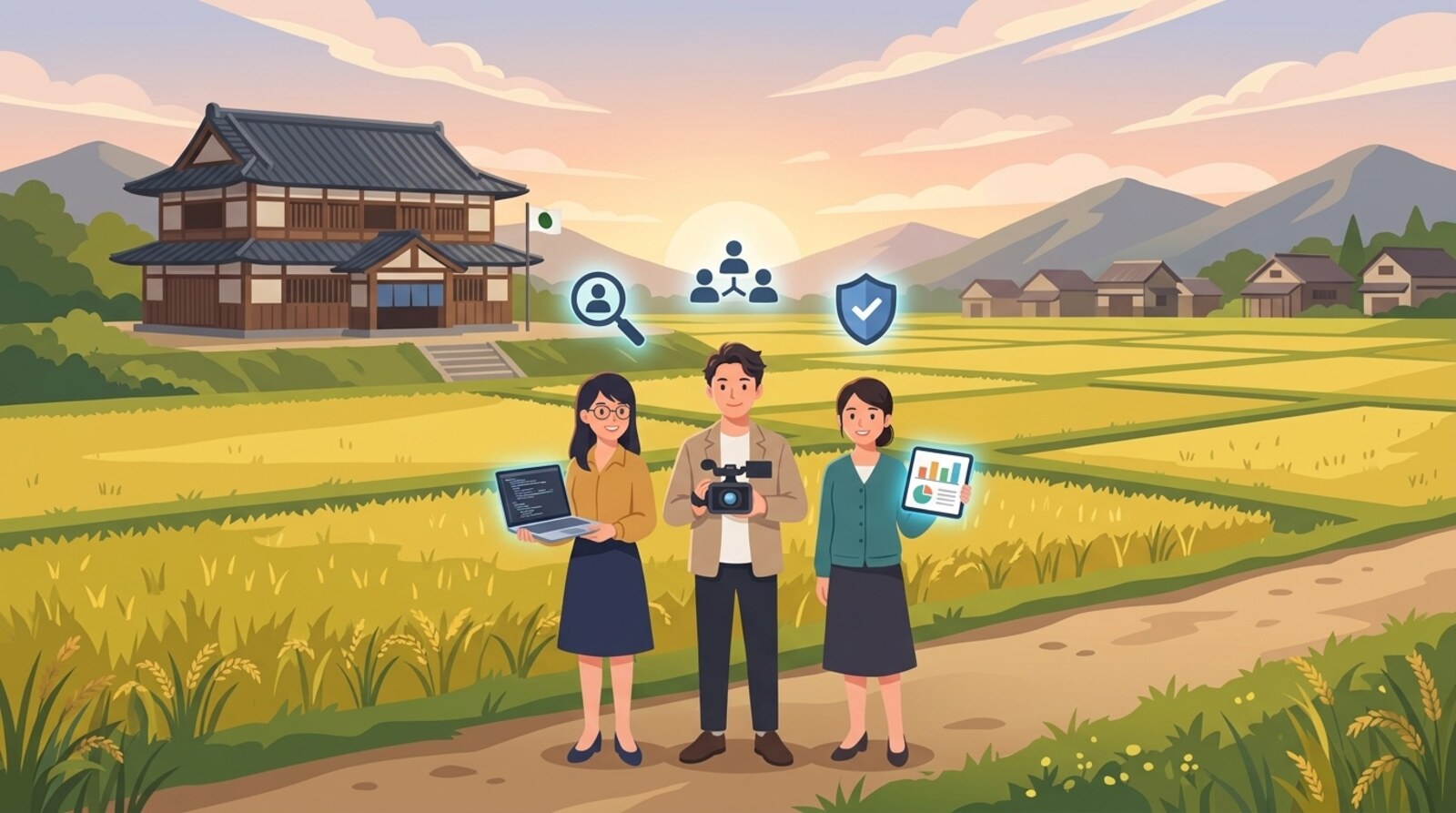 Tech・Design・Bizの3人チームが自治体の課題に取り組むイメージ