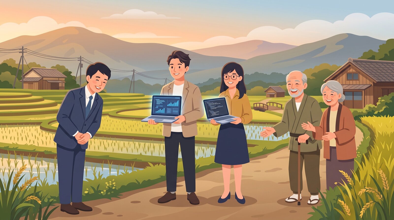 自治体・若者・地域の人々が笑顔で集う三方良しのシーン