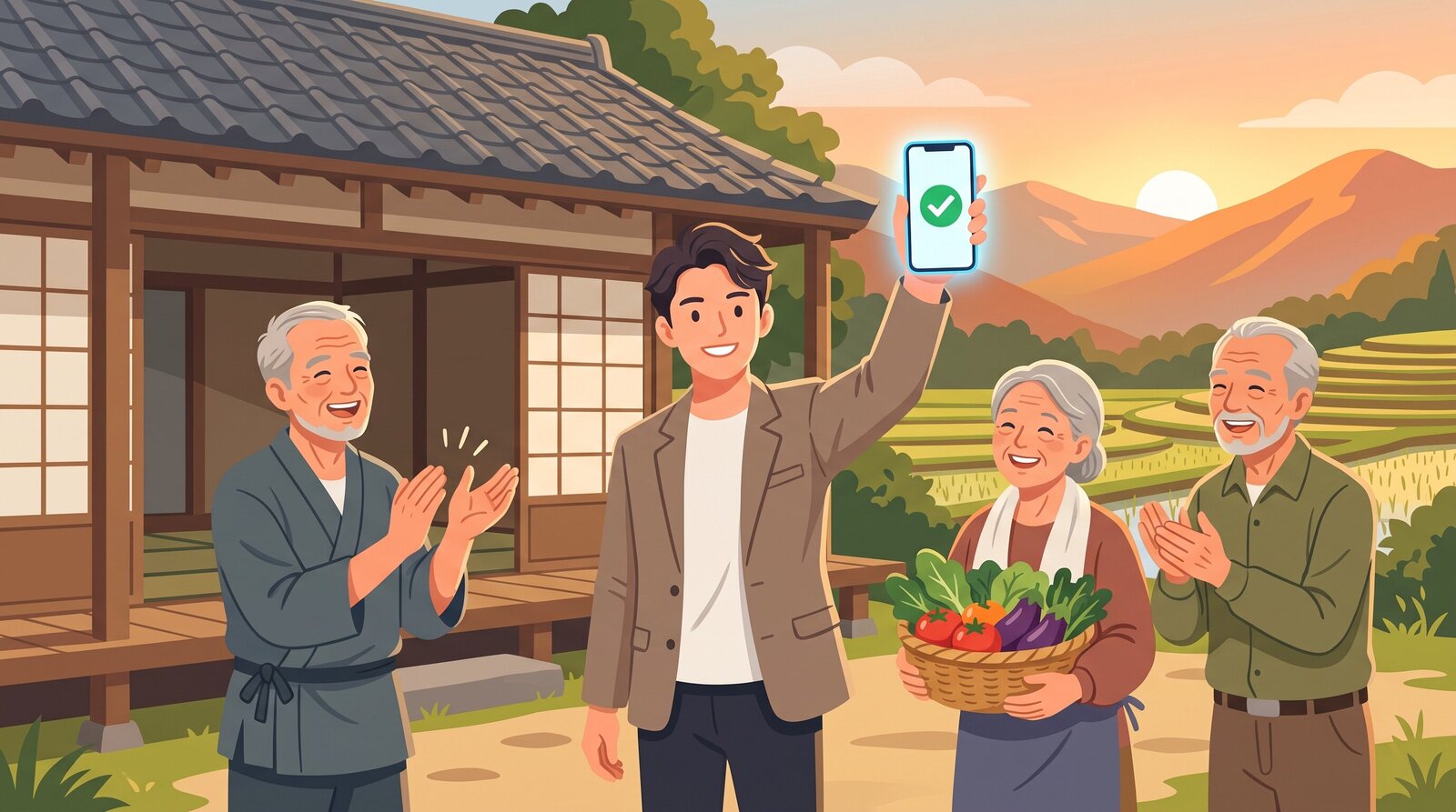 地域で起業し住民に笑顔で囲まれる若者