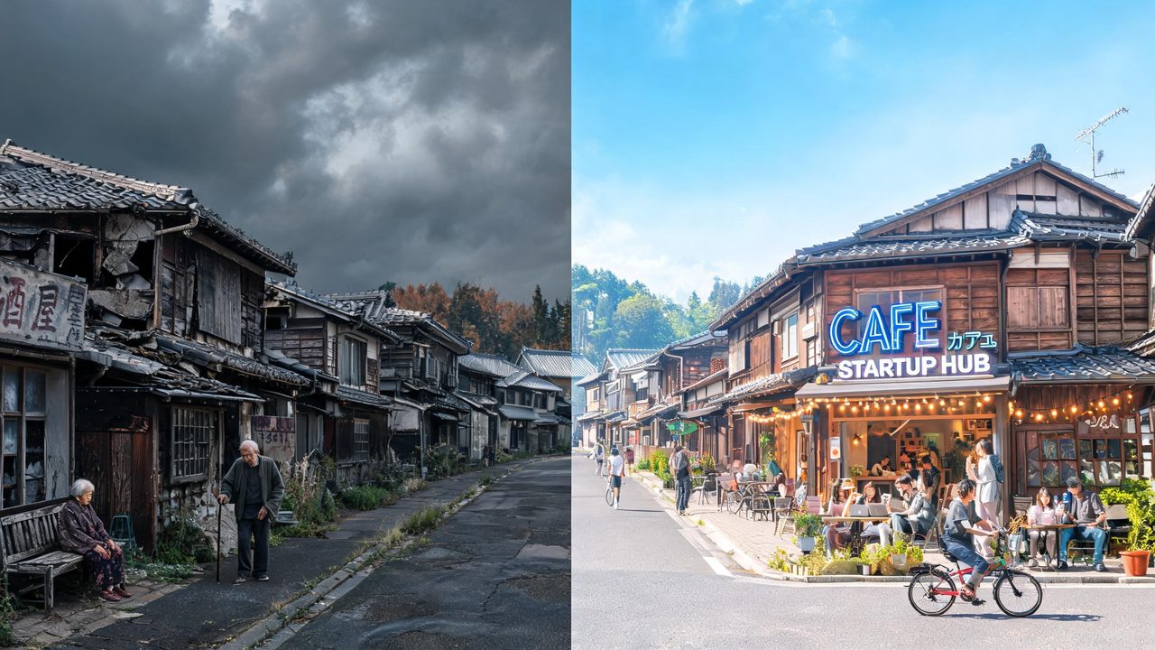 衰退した地域が活気ある街へと変わる対比イメージ